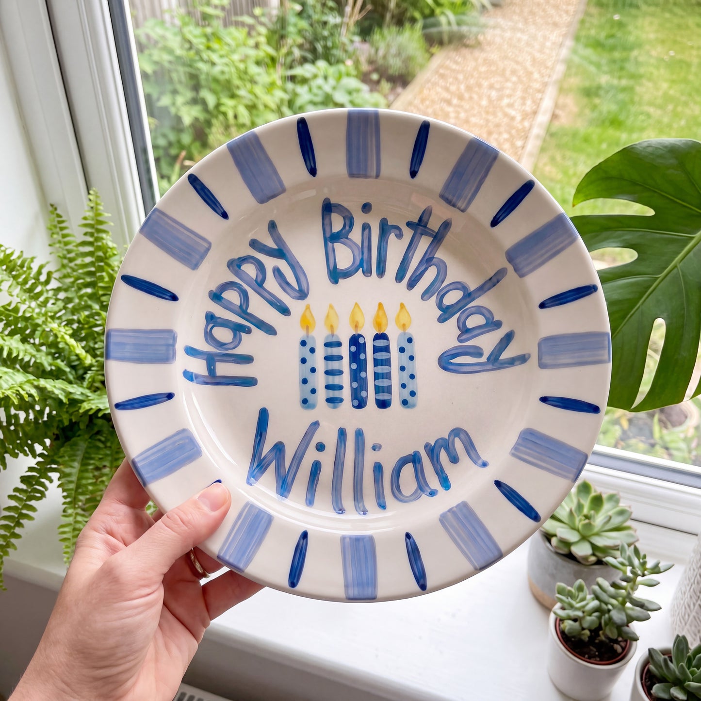 Custom Hand Painted Ceramic Birthday Plate, Blue Striped Candle Dish, Personalized Birthday Plate, First Birthday Gift Boy | B083