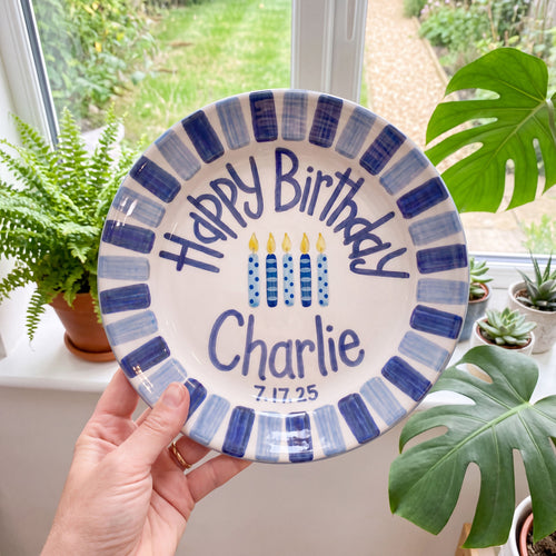 Personalized Blue Birthday Plate, Custom Ceramic Birthday Dish, Blue Striped Candle Plate, Boys Birthday Tradition Heirloom Keepsake | B084