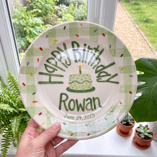 Personalized Green Birthday Plate, Custom Ceramic Birthday Plate, Green Gingham Cake Plate, Kids Birthday Tradition Heirloom Keepsake | B088
