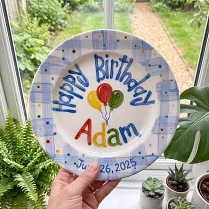 Custom Hand Painted Ceramic Birthday Plate, Blue Gingham Balloon Dish, Personalized Birthday Plate Date, First Birthday Gift Boy | B090