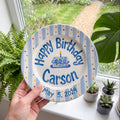 Personalized Blue Birthday Plate, Custom Ceramic Birthday Dish, Light Blue Striped Cake Plate, Boys Birthday Tradition Heirloom Keepsake | B091