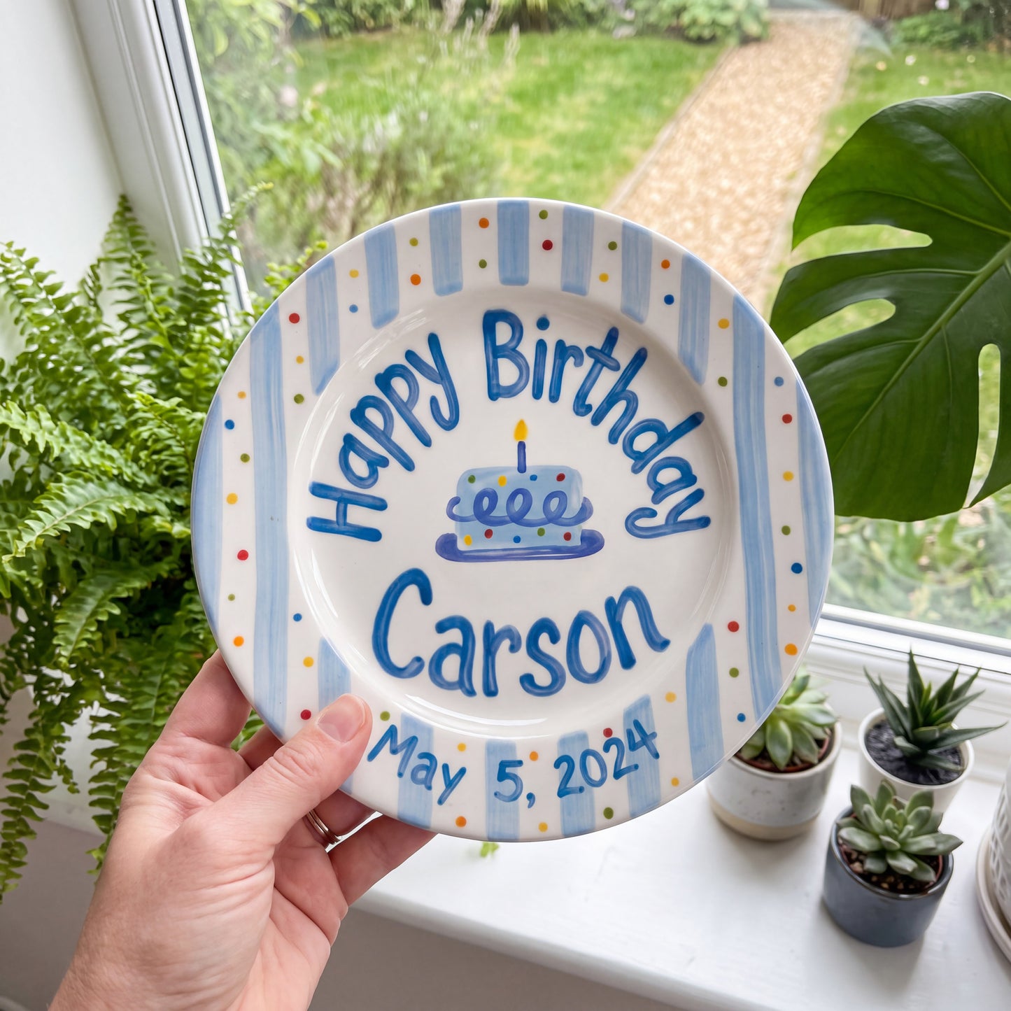 Custom Hand Painted Ceramic Birthday Plate, Blue Stripe Confetti Plate, Personalized Birthday Plate Date, First Birthday Gift Boy | B091