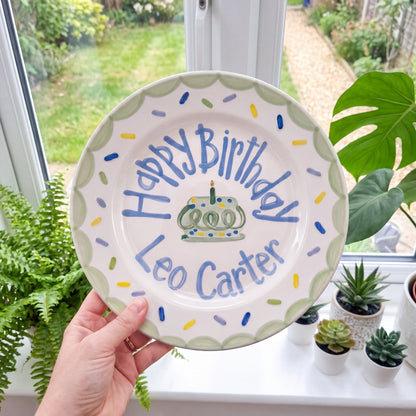 Personalized Green Birthday Plate, Custom Ceramic Birthday Dish, Green Scallop Border Plate, Boys Birthday Tradition Heirloom Keepsake | B092
