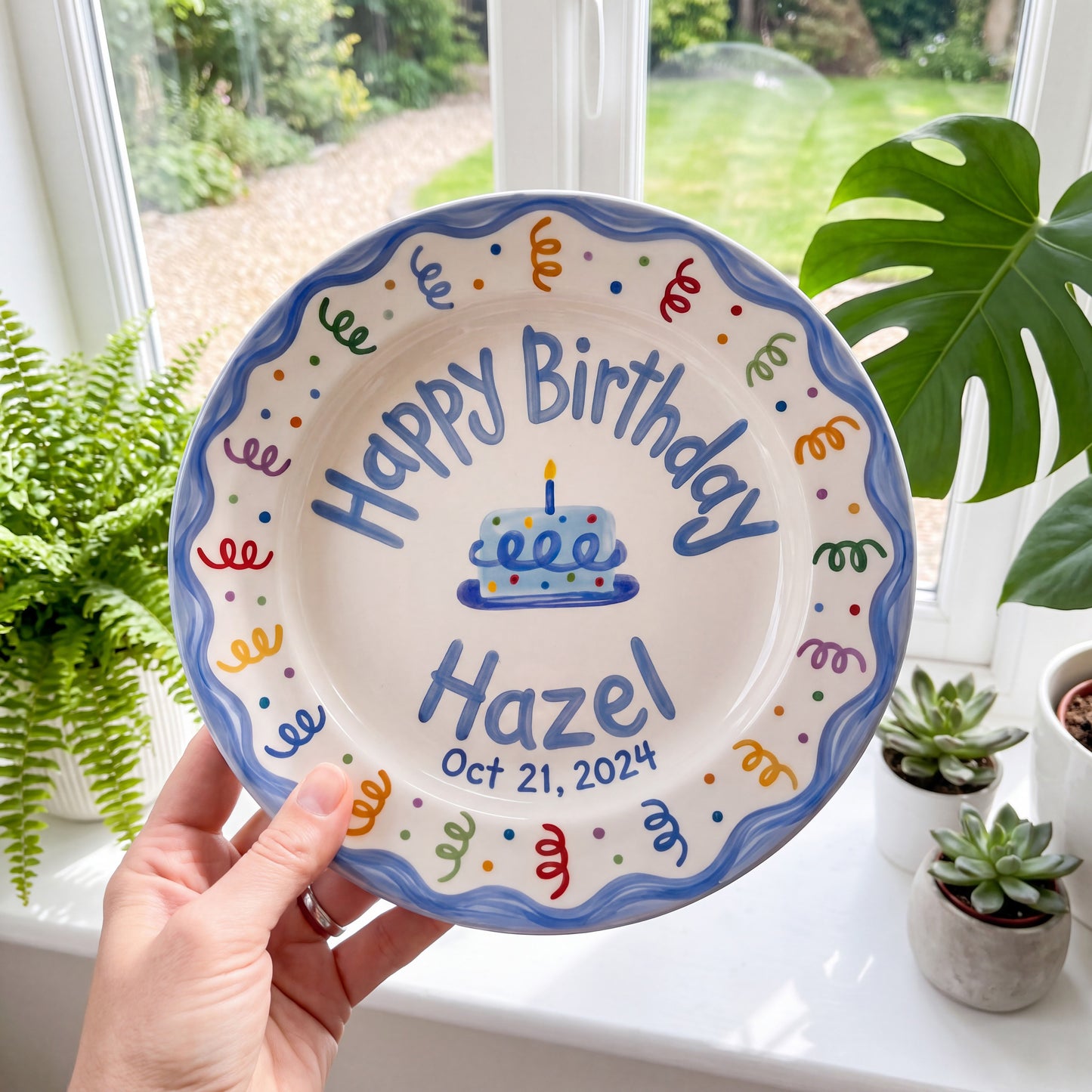 Personalized Birthday Plate Girl, Custom Blue Scallop Dish, Hand Painted Ceramic Cake Plate, Heirloom Birthday Tradition Gift | B093