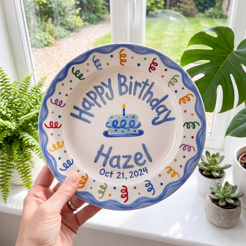 Personalized Blue Birthday Plate, Custom Ceramic Birthday Dish, Blue Scallop Border Plate, Kids Birthday Tradition Heirloom Keepsake | B093