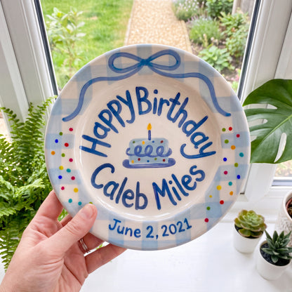 Personalized Blue Birthday Plate, Custom Ceramic Birthday Dish, Blue Gingham Ribbon Bow Plate, Boys Birthday Tradition Heirloom Keepsake | B094