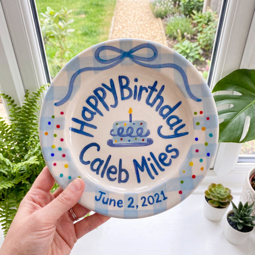 Personalized Blue Birthday Plate, Custom Ceramic Birthday Dish, Blue Gingham Ribbon Bow Plate, Boys Birthday Tradition Heirloom Keepsake | B094