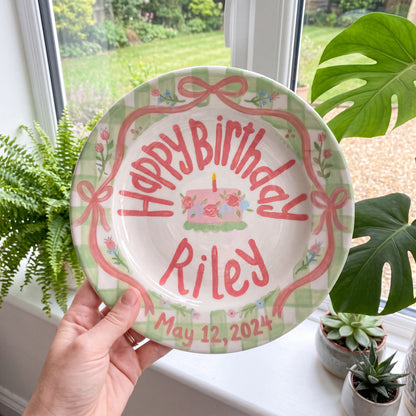 Personalized Green Birthday Plate, Custom Ceramic Birthday Dish, Green Gingham Pink Bow Plate, Girls Birthday Tradition Keepsake | B095