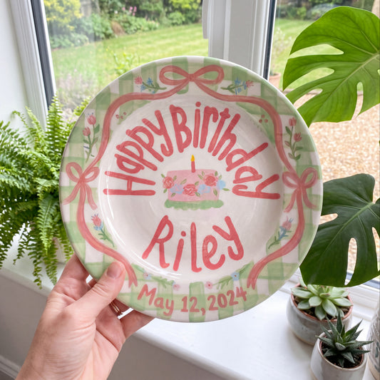 Personalized Green Birthday Plate, Custom Ceramic Birthday Dish, Green Gingham Pink Bow Plate, Girls Birthday Tradition Keepsake | B095