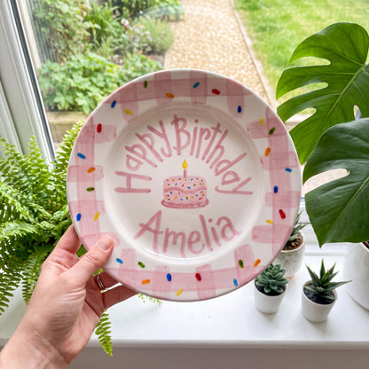 Personalized Pink Birthday Plate, Custom Ceramic Birthday Dish, Pink Gingham Cake Plate, Girls Birthday Tradition Heirloom Keepsake | B097