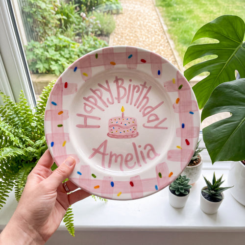 Personalized Pink Birthday Plate, Custom Ceramic Birthday Dish, Pink Gingham Cake Plate, Girls Birthday Tradition Heirloom Keepsake | B097