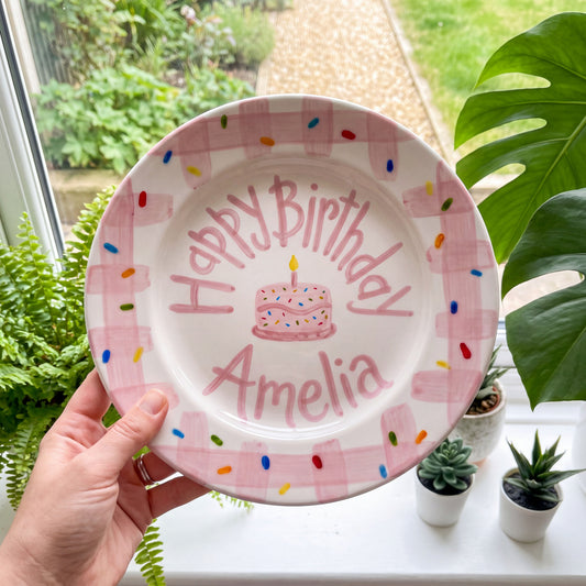 Personalized Pink Birthday Plate, Custom Ceramic Birthday Dish, Pink Gingham Cake Plate, Girls Birthday Tradition Heirloom Keepsake | B097
