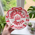Personalized Cherry Birthday Plate, Custom Ceramic Birthday Dish, Red Bow Pink Gingham Plate, Cherry First Birthday Keepsake | B099