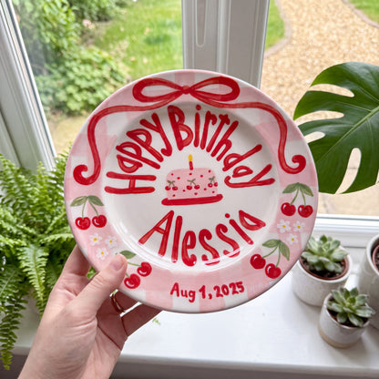 Personalized Cherry Birthday Plate, Custom Ceramic Birthday Dish, Red Bow Pink Gingham Plate, Cherry First Birthday Keepsake | B099