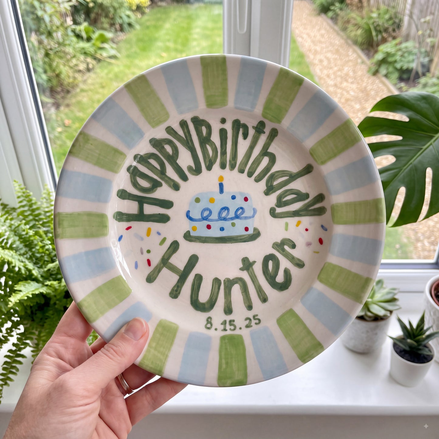 Personalized Green Blue Birthday Plate, Custom Ceramic Birthday Dish, Striped Cake Plate, Boys Birthday Tradition Heirloom Keepsake | B002