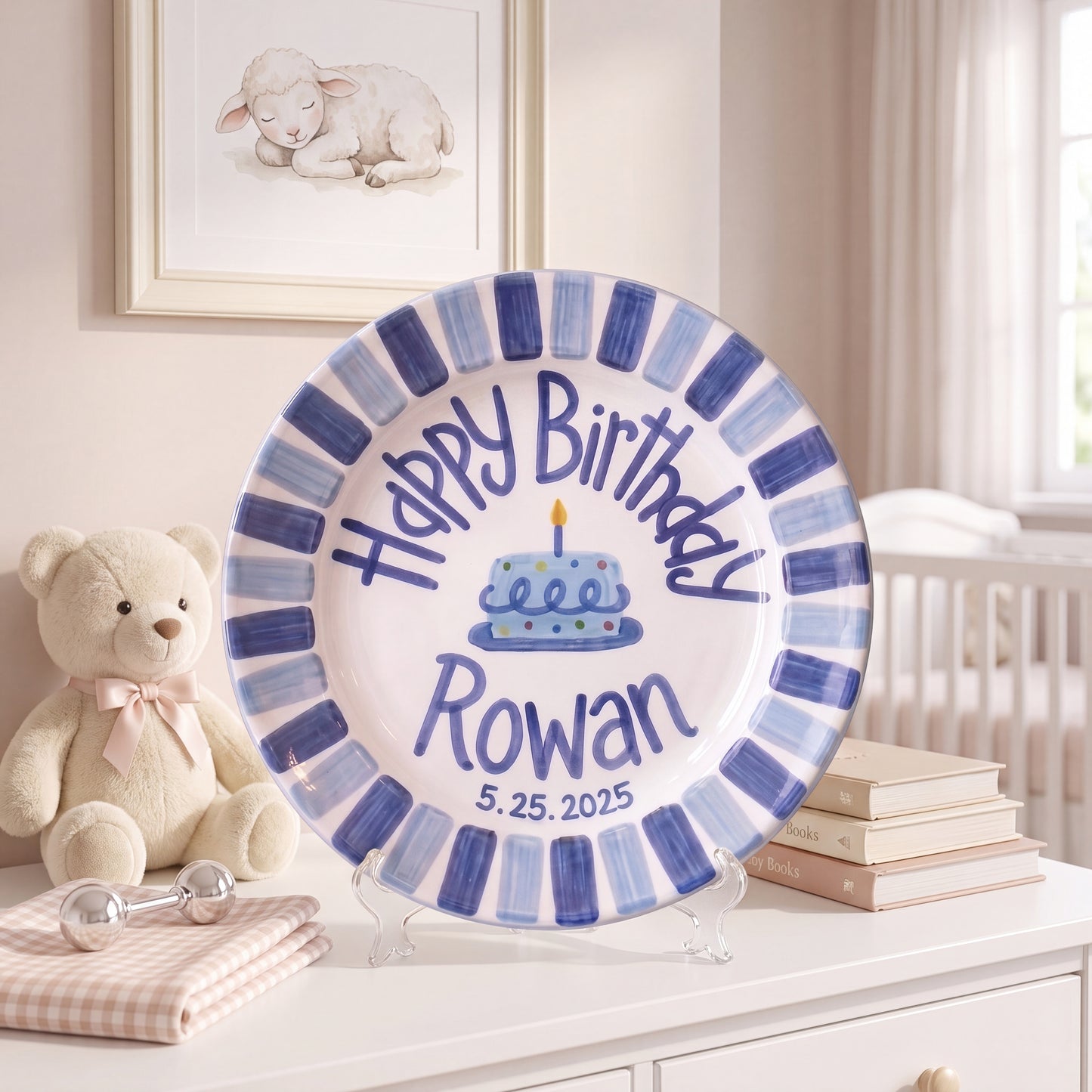 Personalized Birthday Plate – Blue Striped Border & Polka Dot Cake Design | B017