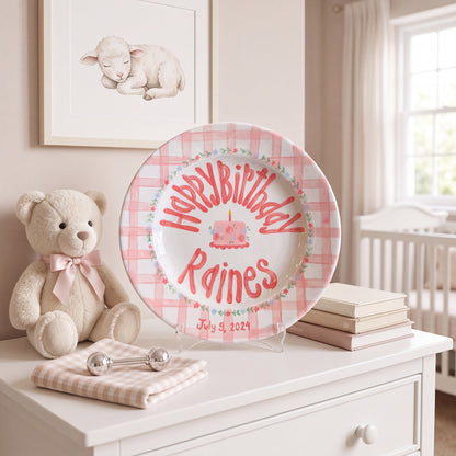 Custom Name Birthday Plate – Pink Gingham Floral Cake Design | B065