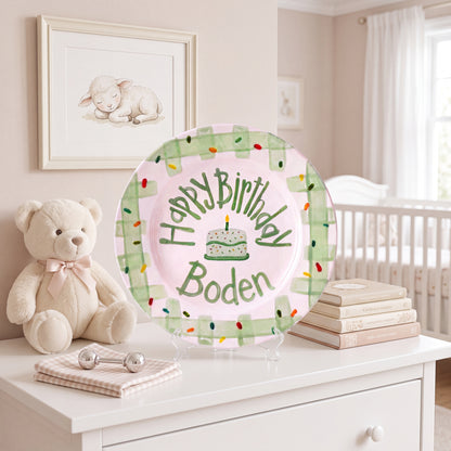 Personalized Birthday Plate – Green Gingham Border & Sprinkle Cake Design | B096