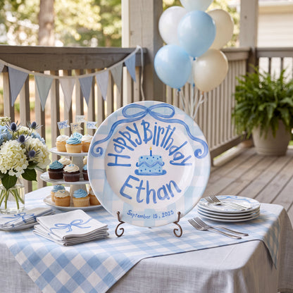 Blue Gingham Edge Birthday Plate, Hand-Painted Blue Ribbon & Cake Design, Custom Name Ceramic Plate | B012