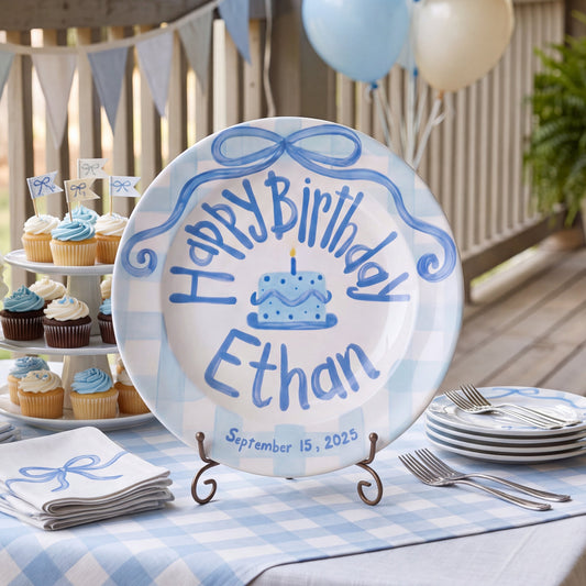 Blue Gingham Edge Birthday Plate, Hand-Painted Blue Ribbon & Cake Design, Custom Name Ceramic Plate | B012