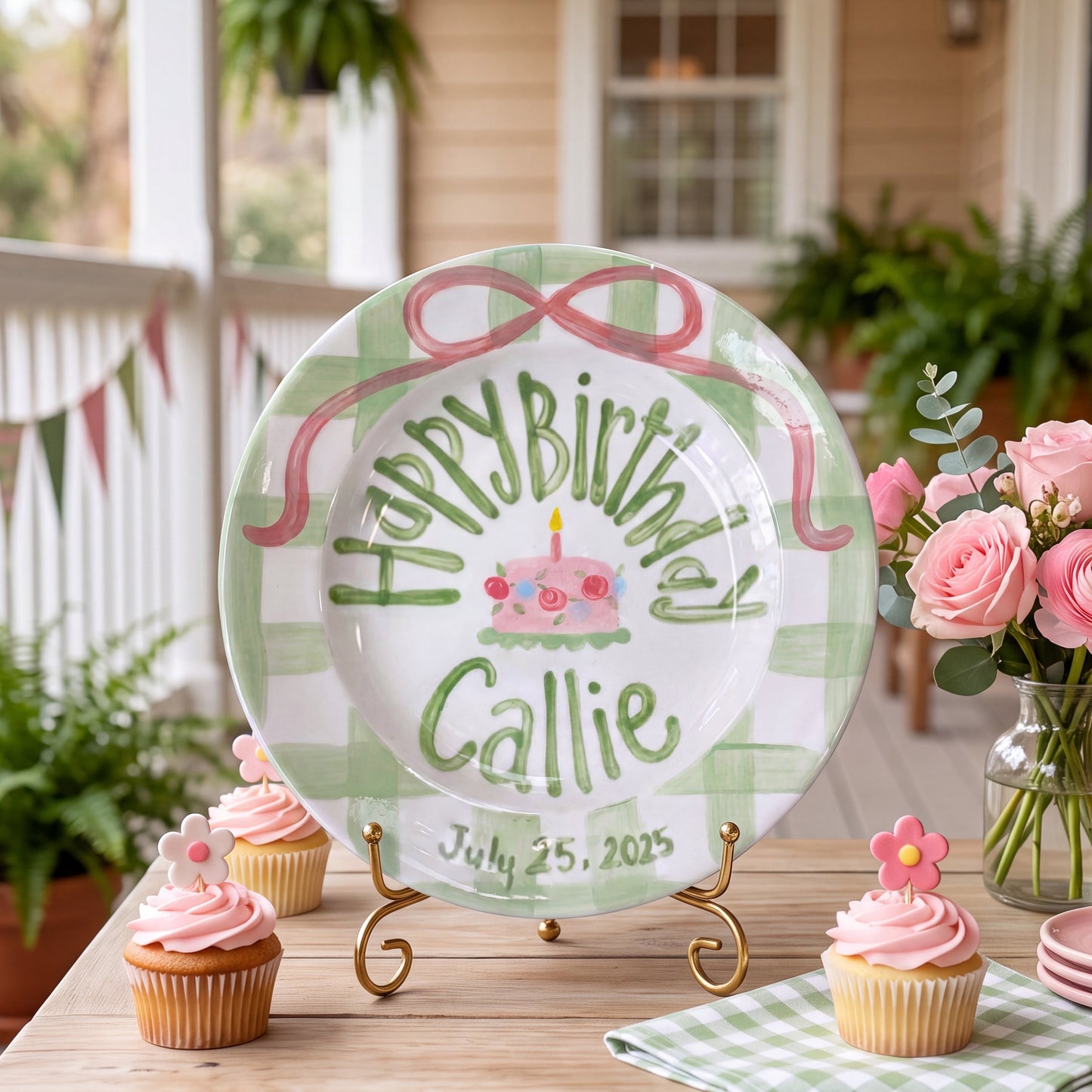 Sage Gingham Edge Birthday Plate, Hand-Painted Pink Ribbon & Cake Design, Custom Name Ceramic Plate | B036