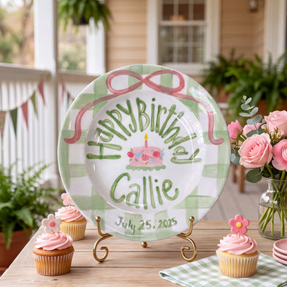 Sage Gingham Edge Birthday Plate, Hand-Painted Pink Ribbon & Cake Design, Custom Name Ceramic Plate | B036
