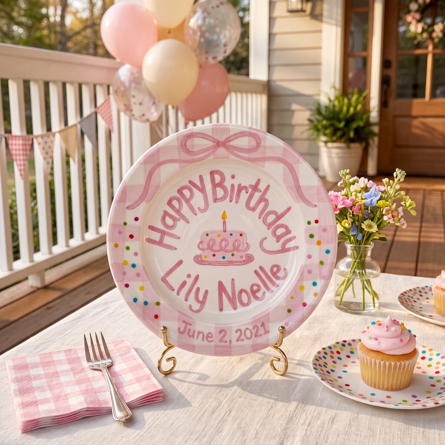 Custom Hand Painted Ceramic Birthday Plate, Pink Bow Gingham Plate, Personalized Birthday Plate with Date, Baby Girl First Birthday | B051