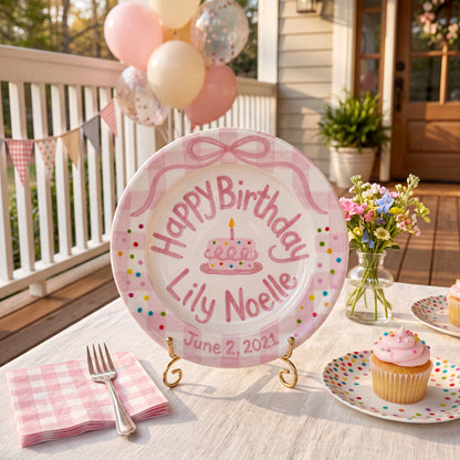 Personalized Birthday Plate Girl, Custom Pink Bow Gingham Plate, Hand Painted Ceramic Cake Plate, Heirloom Birthday Tradition Gift | B051