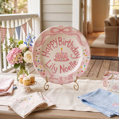 Custom Hand Painted Ceramic Birthday Plate, Pink Bow Gingham Plate, Personalized Birthday Plate with Date, Baby Girl First Birthday | B051
