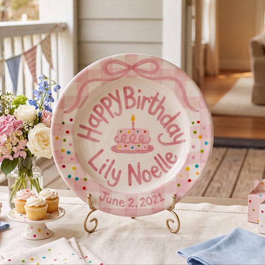 Personalized Birthday Plate Girl, Custom Pink Bow Gingham Plate, Hand Painted Ceramic Cake Plate, Heirloom Birthday Tradition Gift | B051