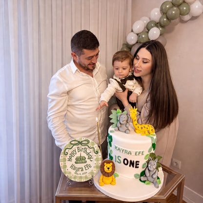 Custom Hand Painted Ceramic Birthday Plate, Green Bow Gingham Plate, Personalized Birthday Plate with Date, First Birthday Gift Boy | B052