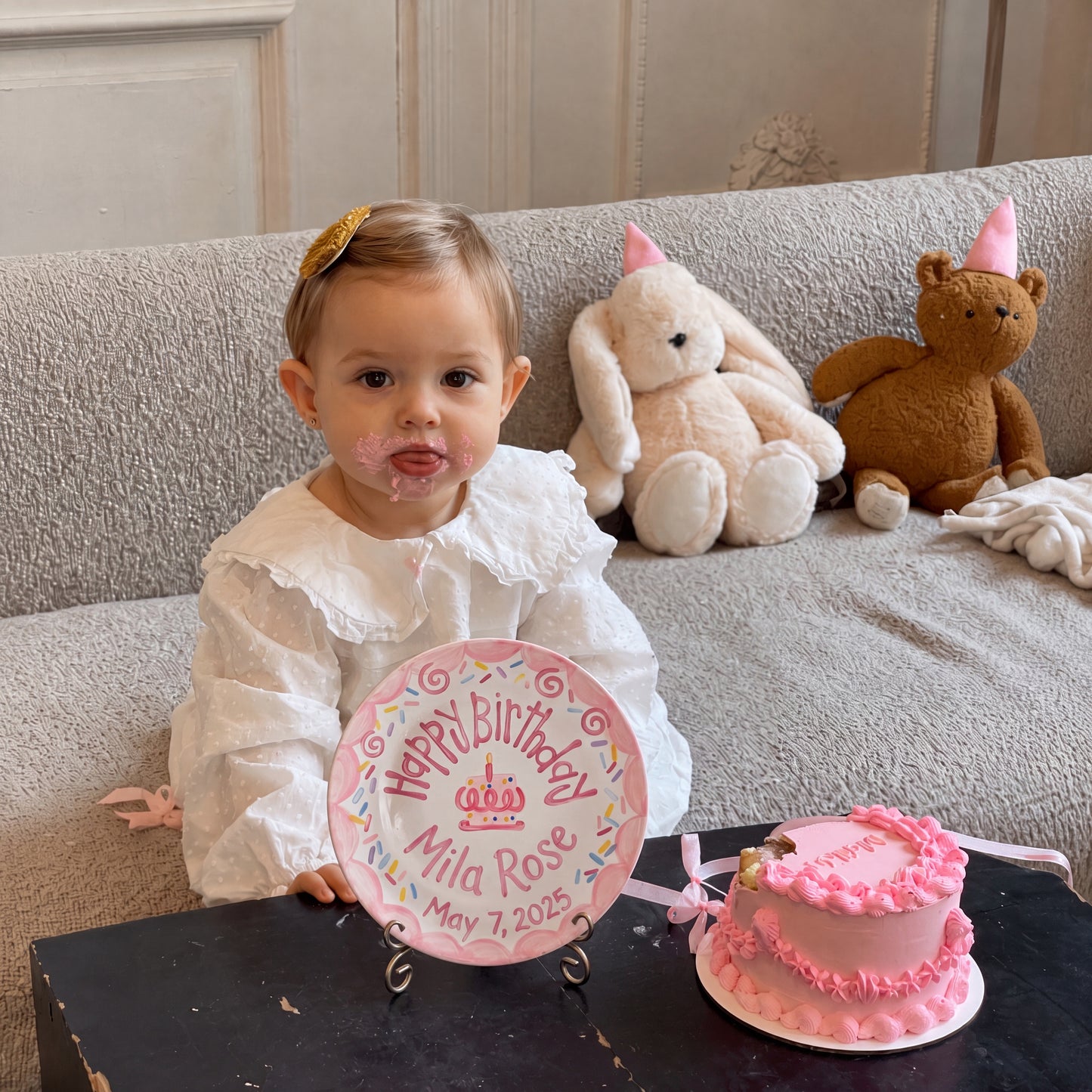 Custom Ceramic Birthday Plate Girl, Pink Scalloped Sprinkles Plate, Personalized Name Date Plate, Preppy Girls Birthday Decor | B075