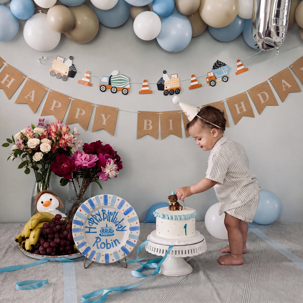Blue Stripes Birthday Plate, Hand-Painted Birthday Cake Design, Custom Name Ceramic Keepsake, First Birthday | B039