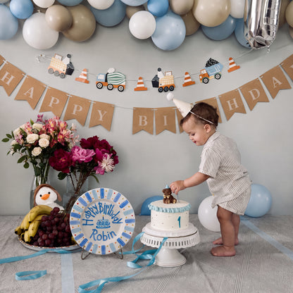 Blue Stripes Birthday Plate, Hand-Painted Birthday Cake Design, Custom Name Ceramic Keepsake, First Birthday | B039