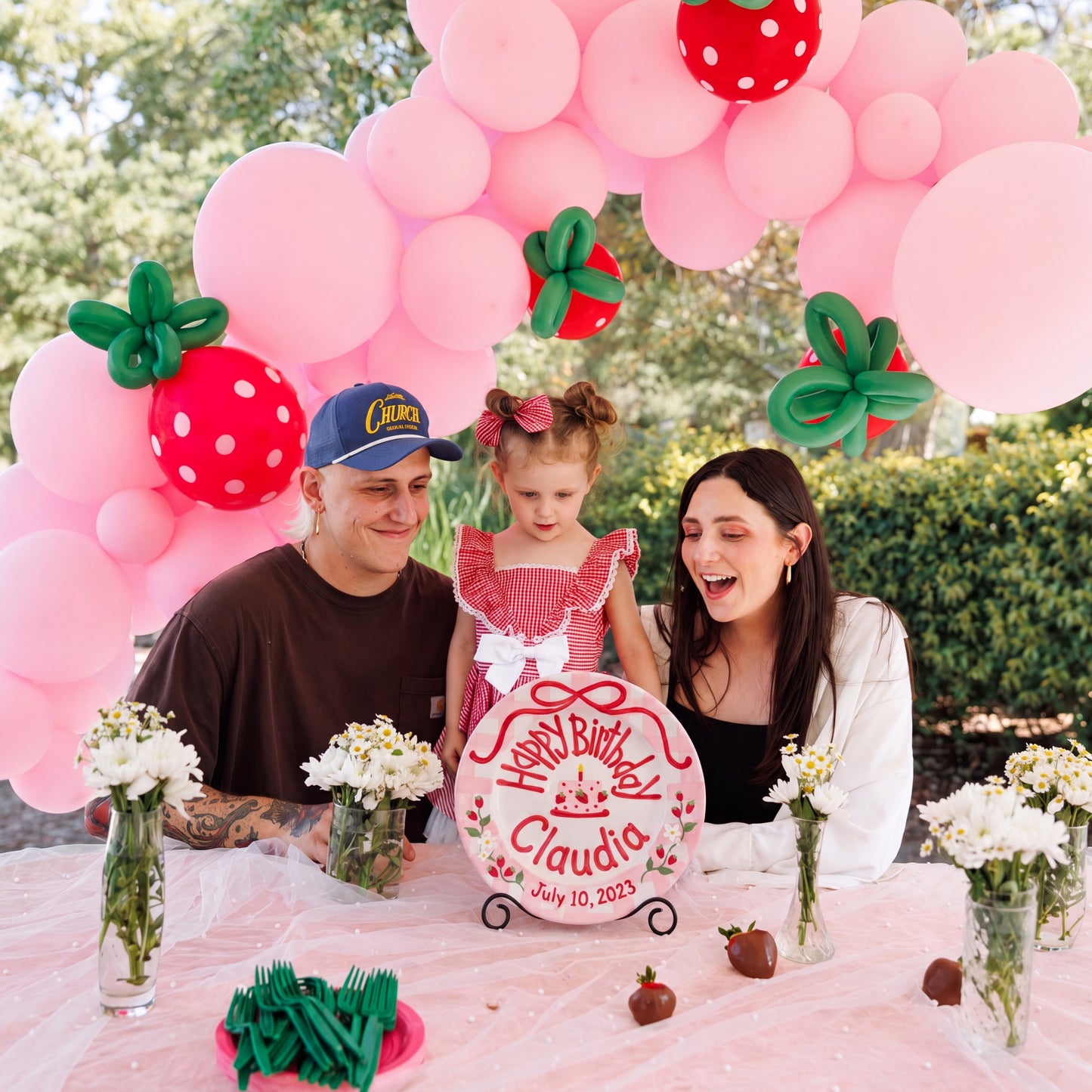 Custom Hand Painted Ceramic Birthday Plate, Strawberry Bow Gingham Plate, Personalized Birthday Plate with Date, Sweet One Birthday | B073