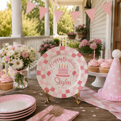 Personalized Birthday Plate – Custom Name with Pink Checkered Rim & Cake Design – Birthday Gift | BGI013
