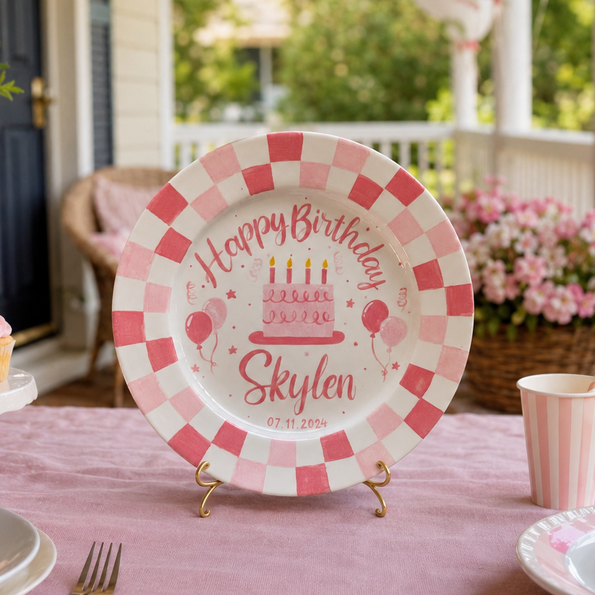 Personalized Birthday Plate – Custom Name with Pink Checkered Rim & Cake Design – Birthday Gift | BGI013