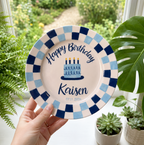 Personalized Birthday Plate – Custom Name with Blue Checkered Rim & Cake Design – Birthday Gift | BGI002