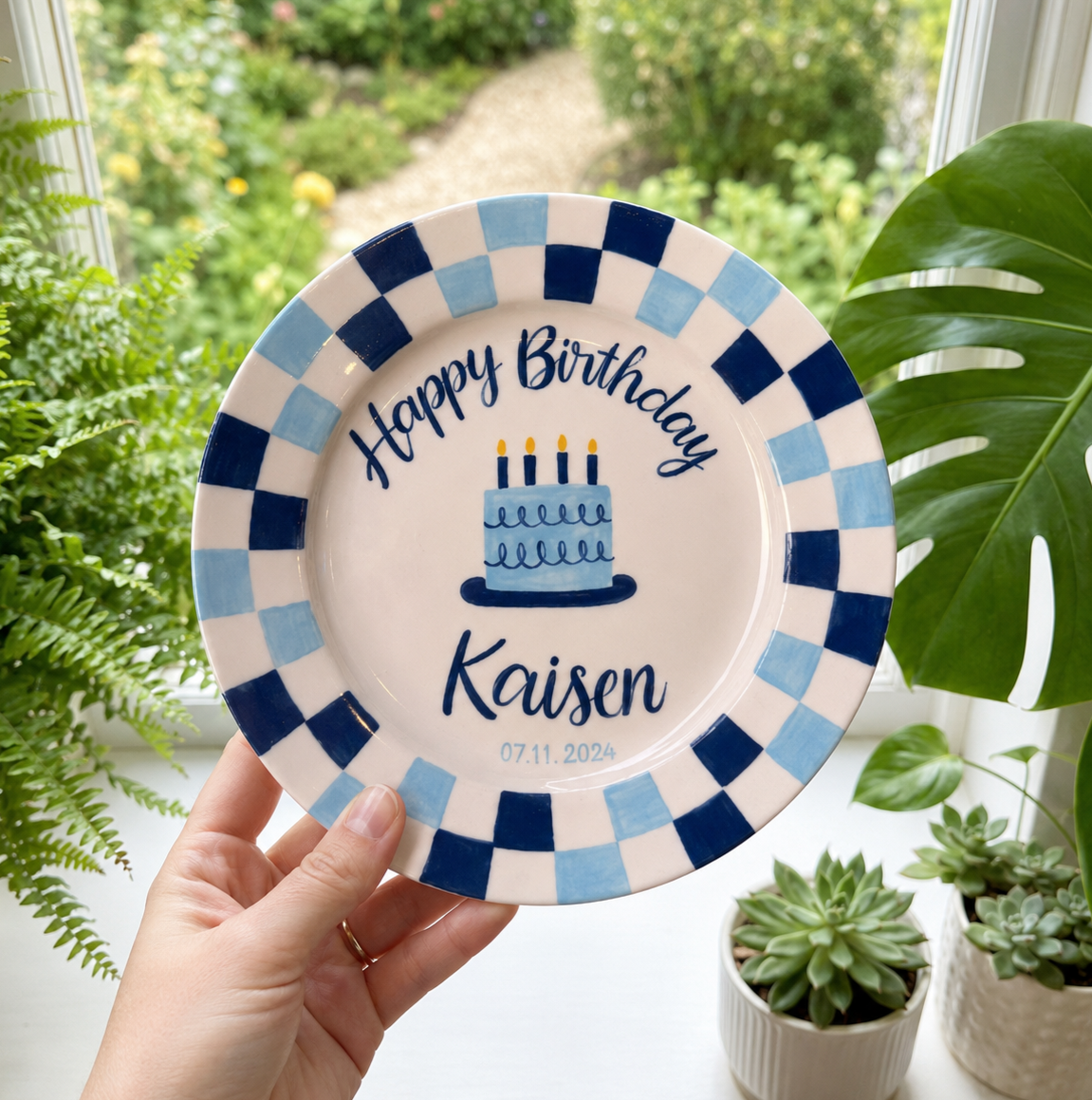 Personalized Birthday Plate – Custom Name with Blue Checkered Rim & Cake Design – Birthday Gift | BGI002