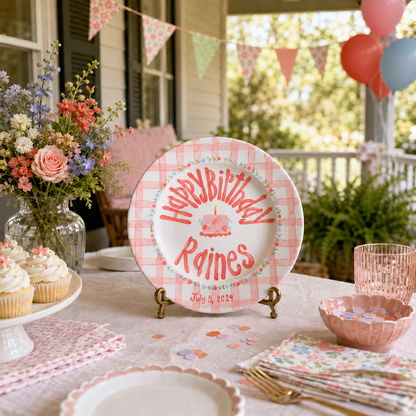 Custom Name Birthday Plate – Pink Gingham Floral Cake Design | B065