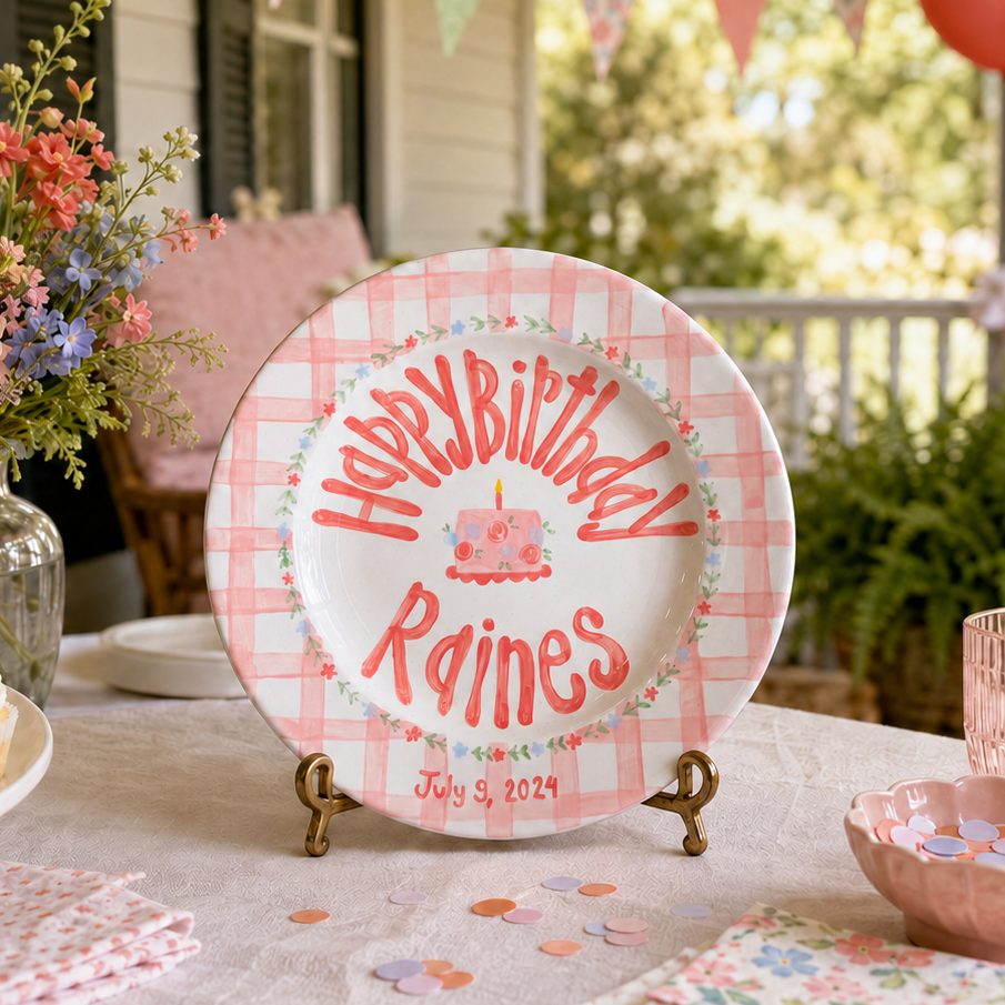 Custom Name Birthday Plate – Pink Gingham Floral Cake Design | B065