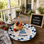 Personalized Birthday Plate – Custom Name with Blue Checkered Rim & Cake Design – Birthday Gift | BGI002