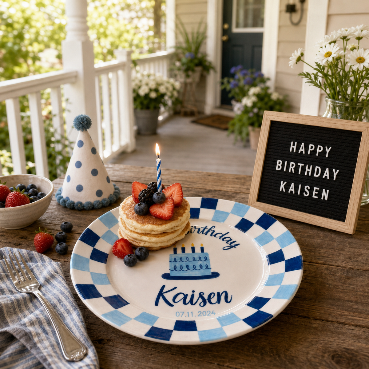 Personalized Birthday Plate – Custom Name with Blue Checkered Rim & Cake Design – Birthday Gift | BGI002