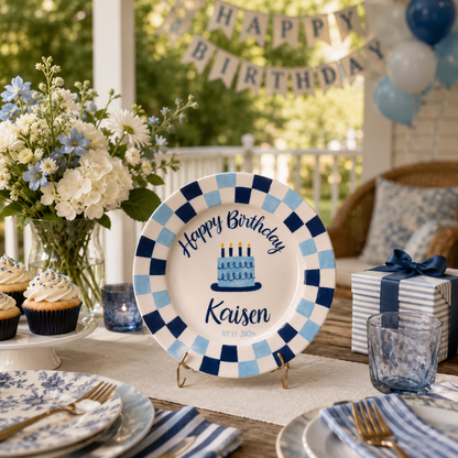 Personalized Birthday Plate – Custom Name with Blue Checkered Rim & Cake Design – Birthday Gift | BGI002