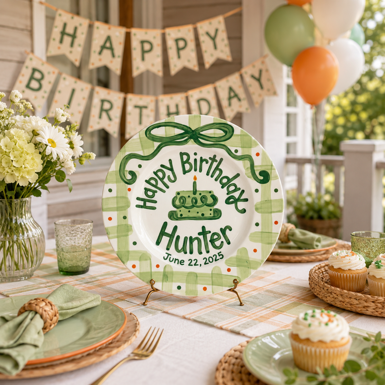 Custom Hand Painted Ceramic Birthday Plate, Green Bow Gingham Plate, Personalized Birthday Plate with Date, First Birthday Gift Boy | B052