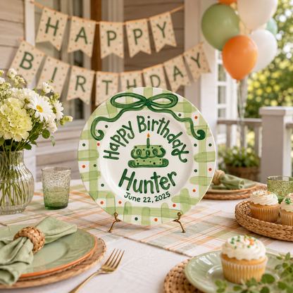 Custom Hand Painted Ceramic Birthday Plate, Green Bow Gingham Plate, Personalized Birthday Plate with Date, First Birthday Gift Boy | B052