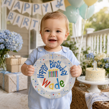 Personalized Birthday Plate – Blue Plaid Border, Colorful Polka Dots & Birthday Candles Design | BHL015