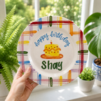 Custom Hand Painted Ceramic Birthday Plate, Rainbow Plaid Cake Dish, Personalized Birthday Plate, First Birthday Gift Boy Girl | BGI021