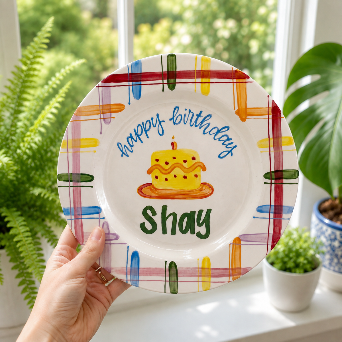 Personalized Plaid Birthday Plate, Custom Ceramic Birthday Dish, Multicolor Plaid Cake Plate, Kids Birthday Tradition Heirloom Keepsake | BGI021