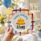 Custom Hand Painted Ceramic Birthday Plate, Rainbow Plaid Cake Dish, Personalized Birthday Plate, First Birthday Gift Boy Girl | BGI021